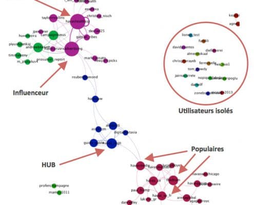 Extraction de la structure du graphe et mise en évidence des piliers sur lesquels il faudra faire levier : influenceurs, leaders, hubs, comptes populaires...